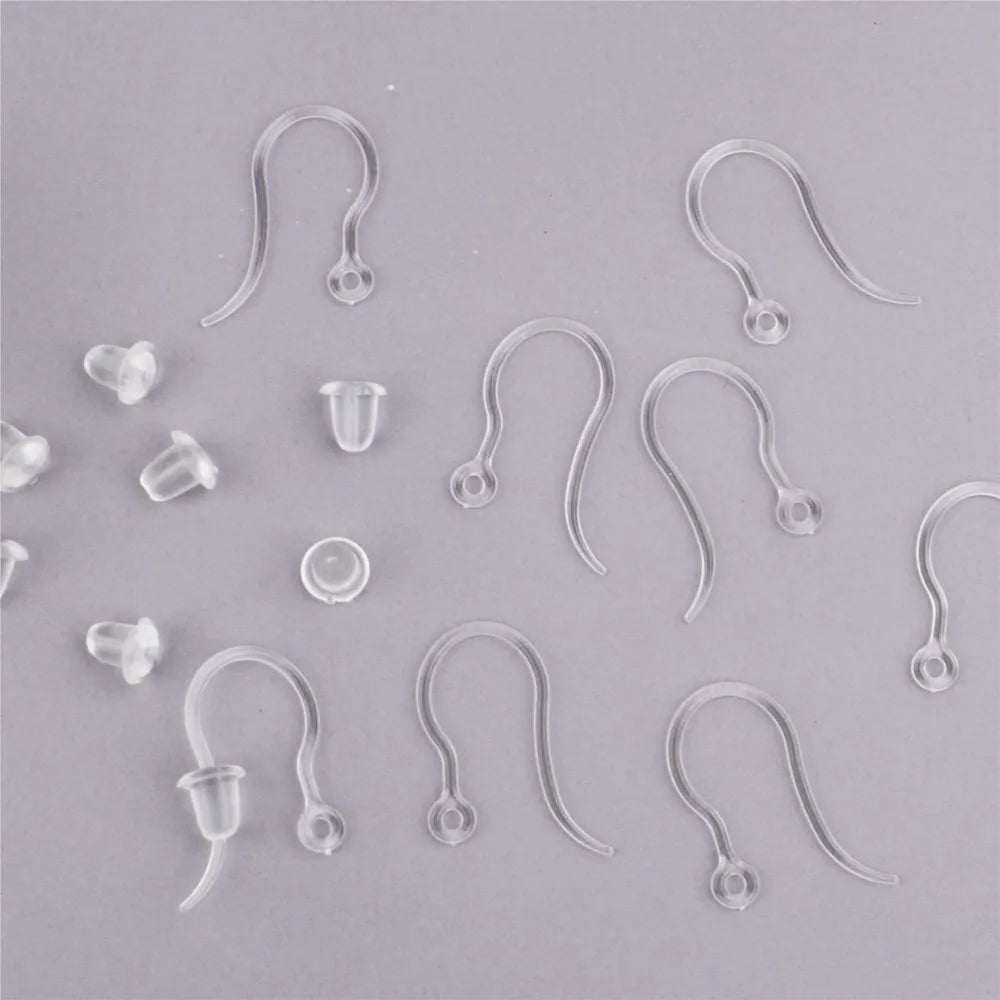 40pcs Clear Plastic Earring Hooks Ear Wire with Loop French Fish Hooks With Transparent Earring Stoppers for DIY Jewelry Making