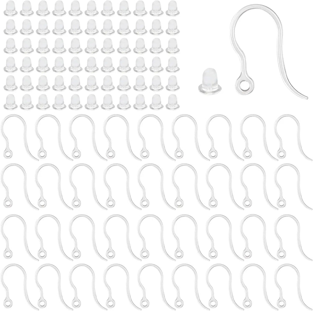 40pcs Clear Plastic Earring Hooks Ear Wire with Loop French Fish Hooks With Transparent Earring Stoppers for DIY Jewelry Making
