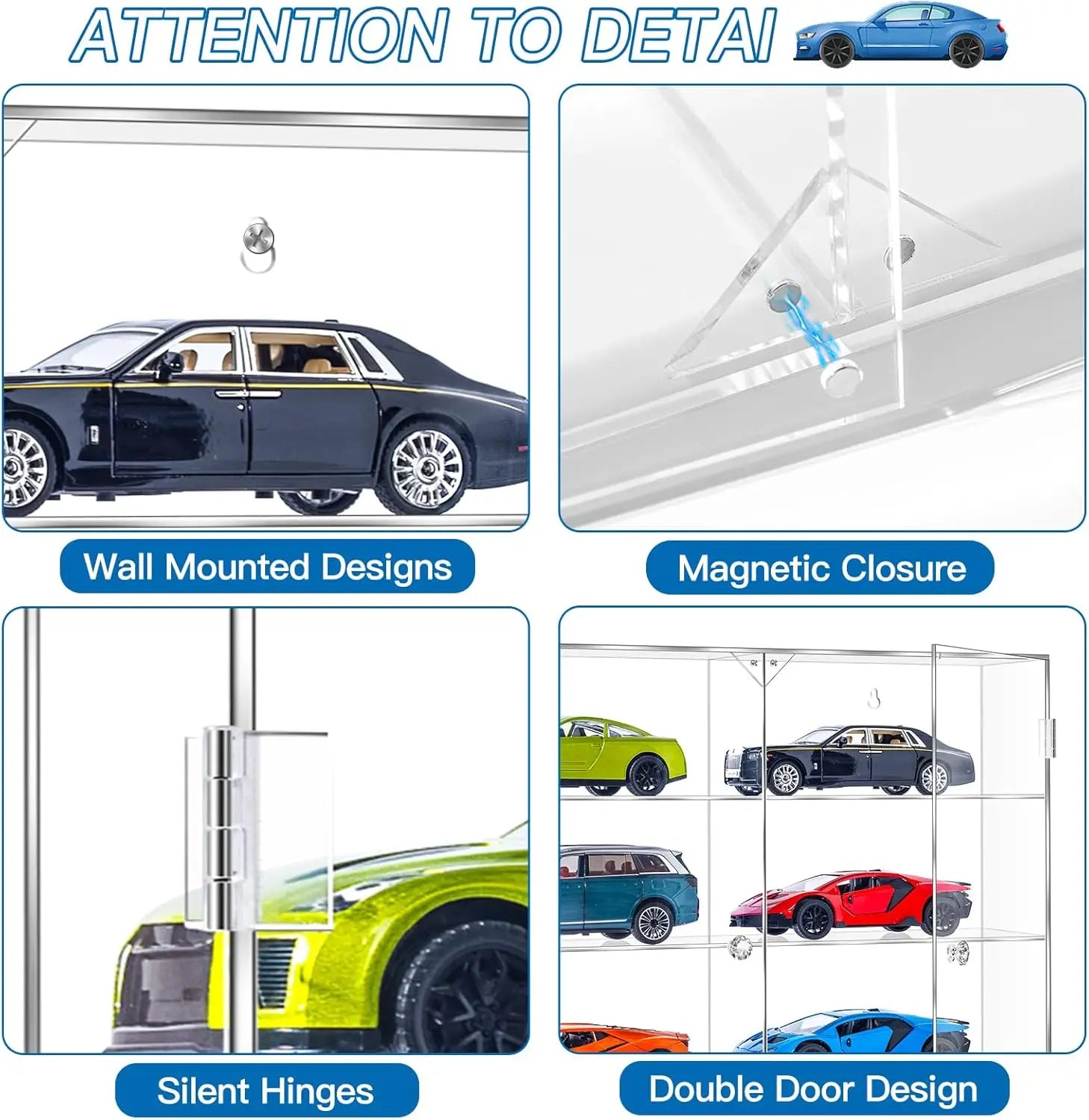Acrylic Display Case for 1/24 Scale Diecast Storage, 4 Levels 8 Slots Toy Cars Showcase Wall Mount or Desktop, Clear Organizer