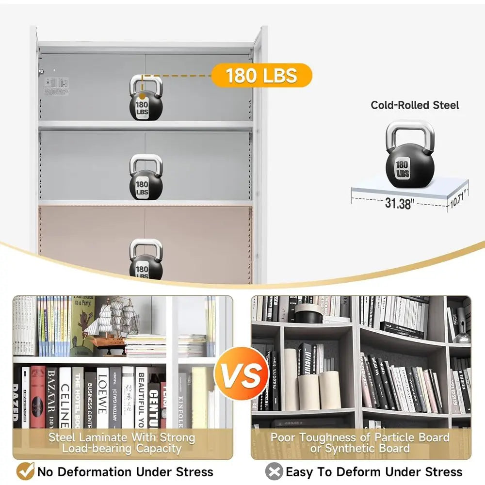 70.87 Tall Metal Bookshelf, 5-Tier Display Cabinet for Collectibles, White Storage Case for Home, Office, Living Room, School