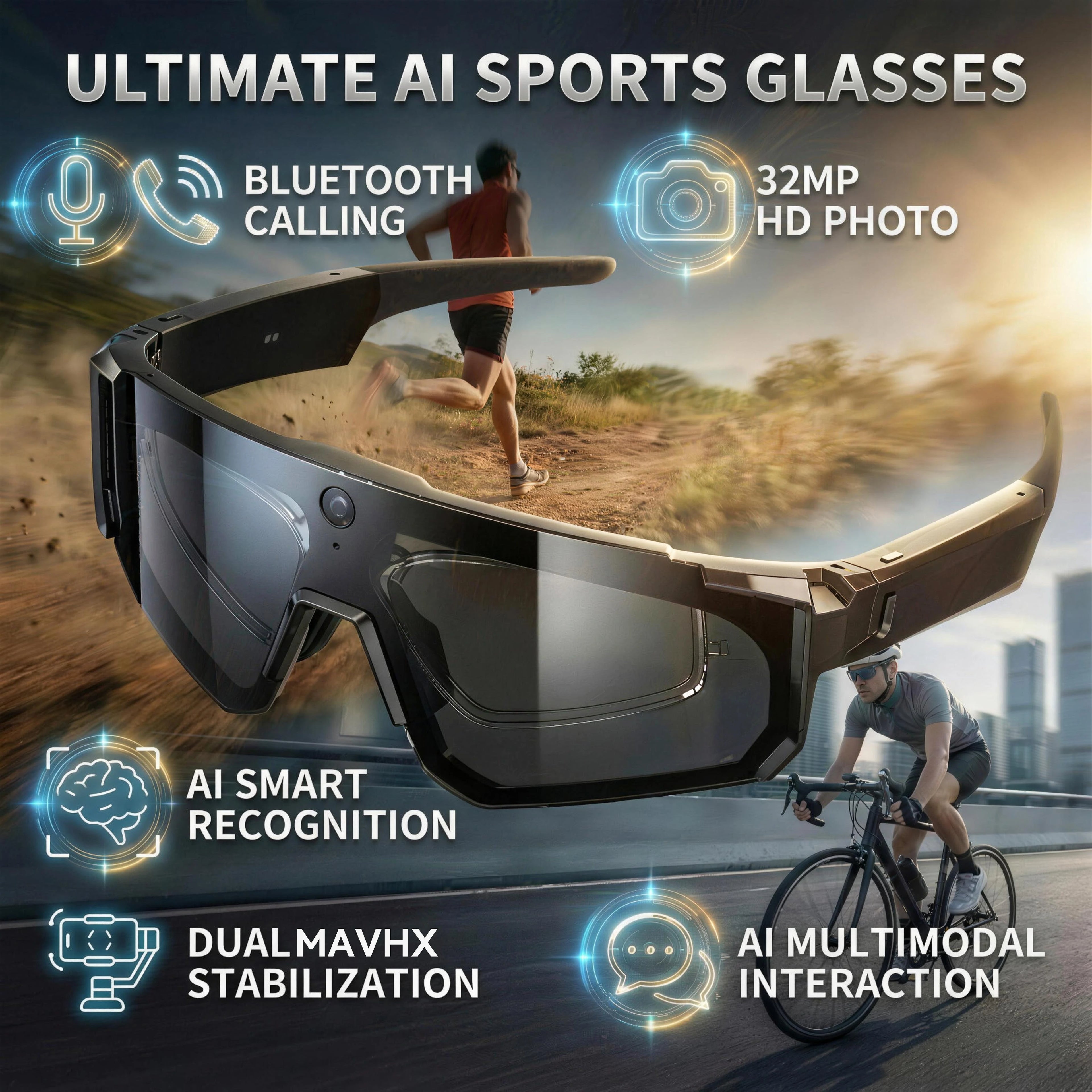 New AI smart shooting&recording glasses with 800W camera, HD anti-shake bicycle riding shooting artifact, windproof goggles 2026