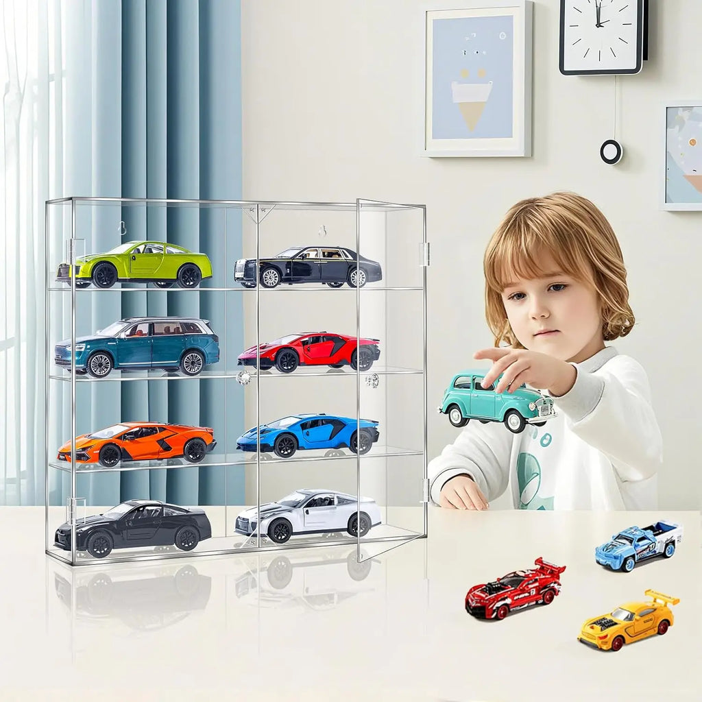 Acrylic Display Case for 1/24 Scale Diecast Storage, 4 Levels 8 Slots Toy Cars Showcase Wall Mount or Desktop, Clear Organizer