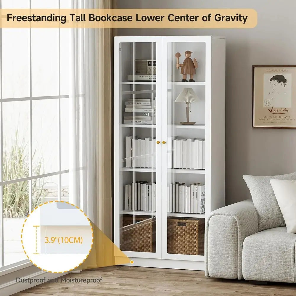 70.87 Tall Metal Bookshelf, 5-Tier Display Cabinet for Collectibles, White Storage Case for Home, Office, Living Room, School