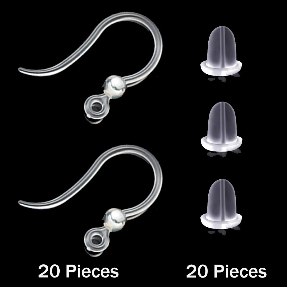40pcs Clear Plastic Earring Hooks Ear Wire with Loop French Fish Hooks With Transparent Earring Stoppers for DIY Jewelry Making
